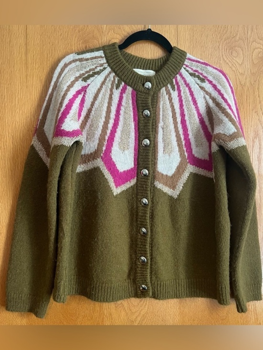 La Maille Suzane green with pattern cardigan sweater size large